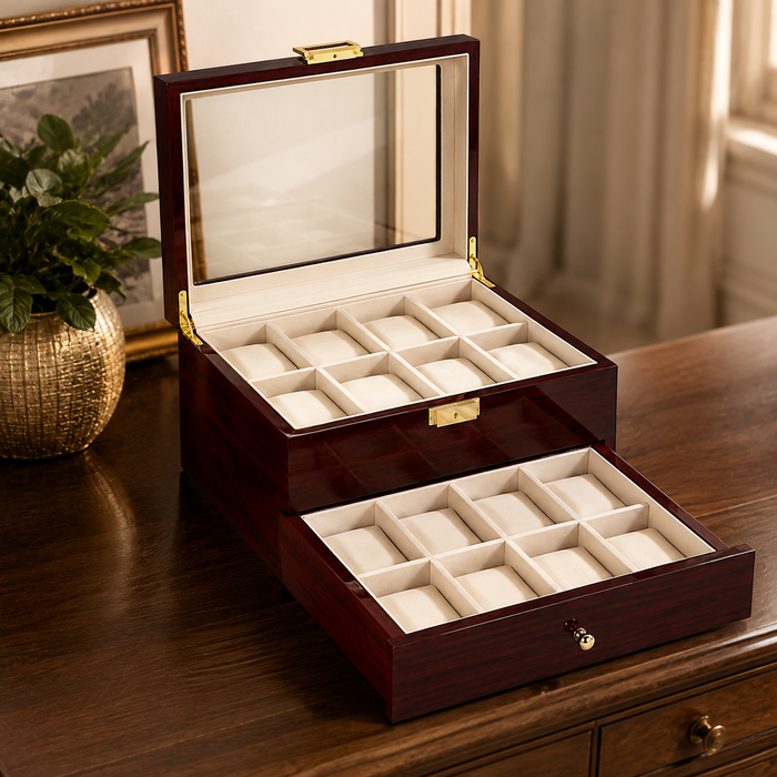 16-Slot Watch Box US Mahogany Wood Glass Lid Drawer