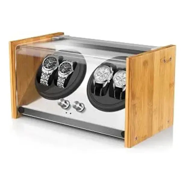 4-Slot Automatic Watch Winder Watch Box US Natural Bamboo