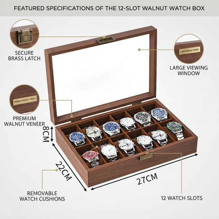 12-Slot Watch Box/Case US Walnut Wood Glass Lid