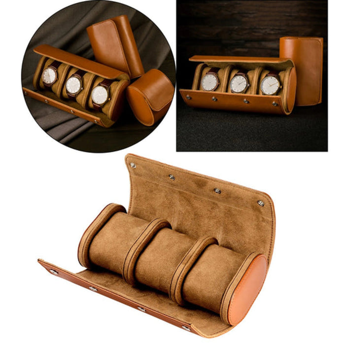 3 Slot Watch Roll - Tan Leather Travel Case for Timepieces