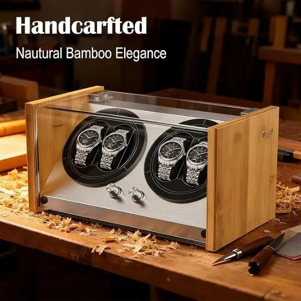 4-Slot Automatic Watch Winder Watch Box US Natural Bamboo