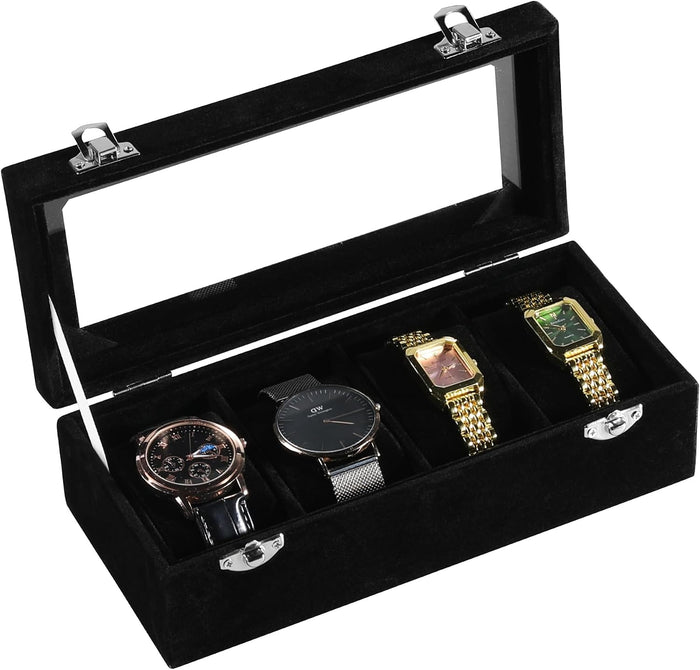 Premium 4-slot watch display box with Glass Lid & Lockable Storage