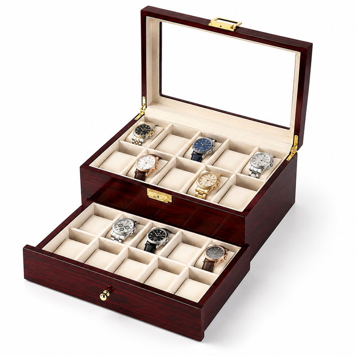 16-Slot Watch Box US Mahogany Wood Glass Lid Drawer