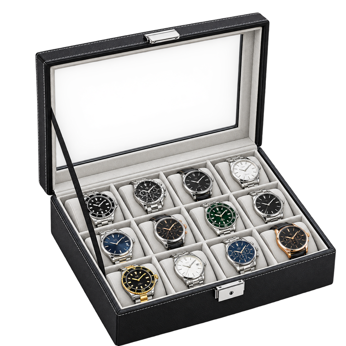 Premium 10-Slot Watch Case Organizer – Black Synthetic Leather Glass Lid Display Box