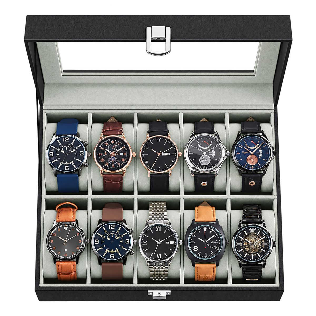 Premium 10-Slot Watch Case Organizer – Black Synthetic Leather Glass Lid Display Box