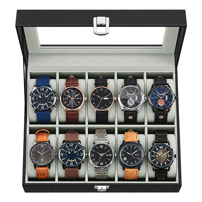 Premium 10-Slot Watch Case Organizer – Black Synthetic Leather Glass Lid Display Box