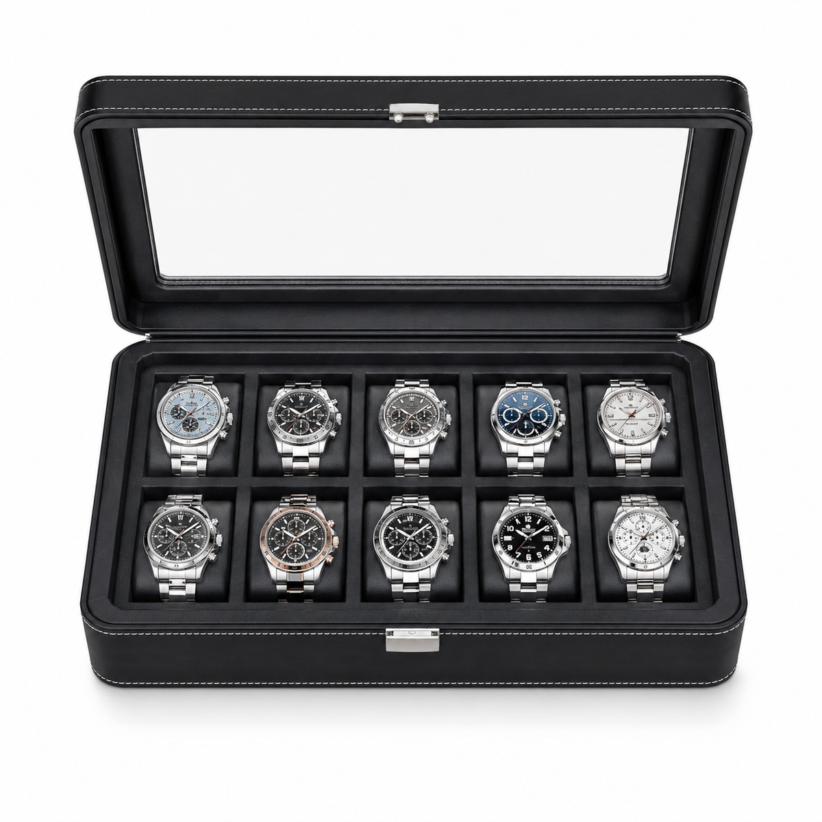 12-Slot Black Leather Watch Box/Case, Glass Lid, Microsuede Lining