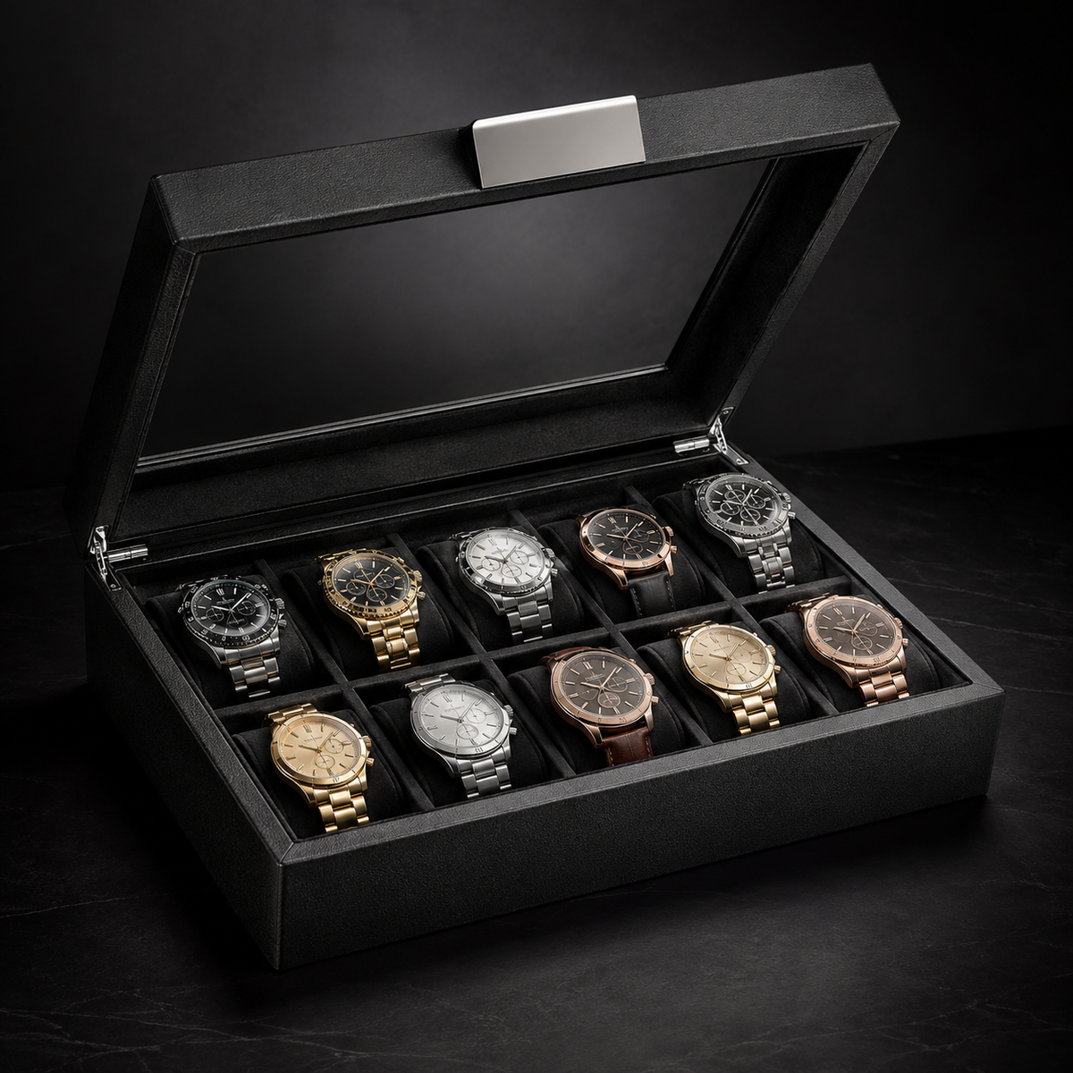 10-Slot Carbon Fiber Watch Box, Glass Lid, Removable Pillows