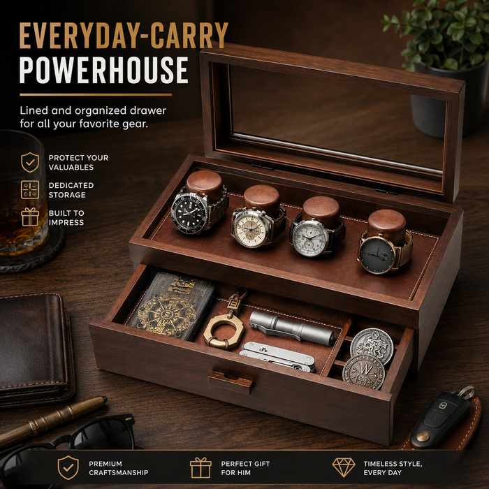 4-Slot Watch Box US Wood Glass Lid Drawer