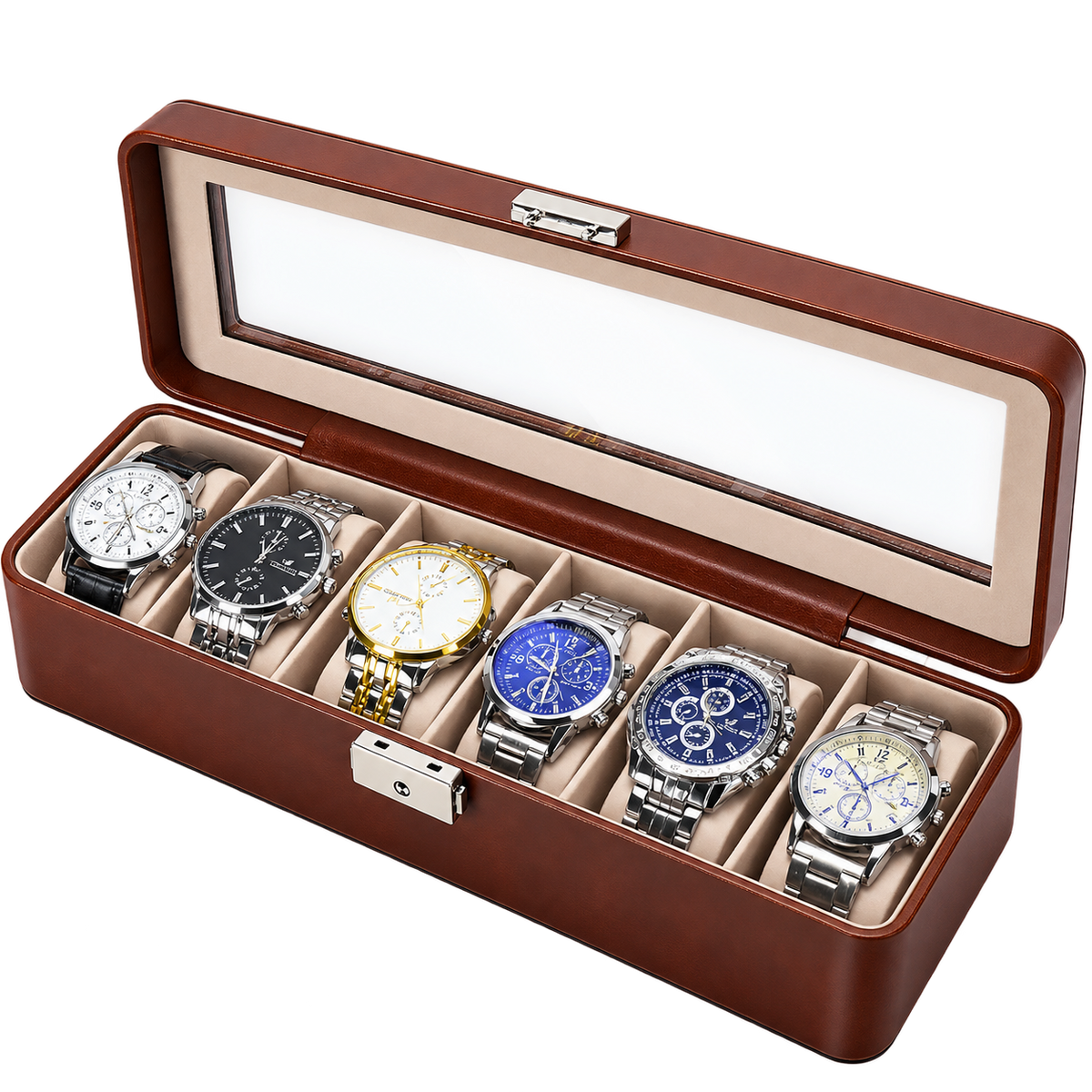 Premium 6 Slot PU Leather Watch Organizer – Glass Lid & Lock Display Storage Case