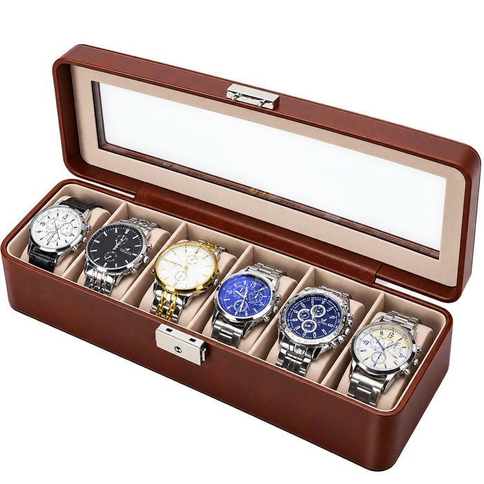 Premium 6 Slot PU Leather Watch Organizer – Glass Lid & Lock Display Storage Case