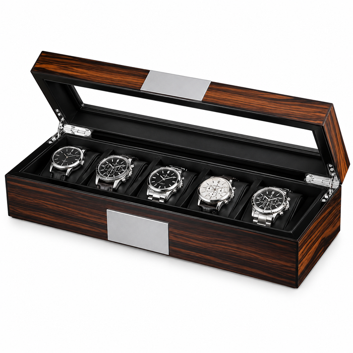 6-Slot Watch Box/Case US Ebony Wood Glass Lid