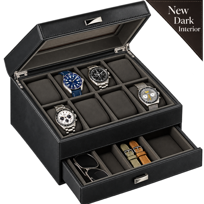 Premium 8 Slot Watch Case with Storage Drawer – Real Glass Display & Extra Wide Pillows
