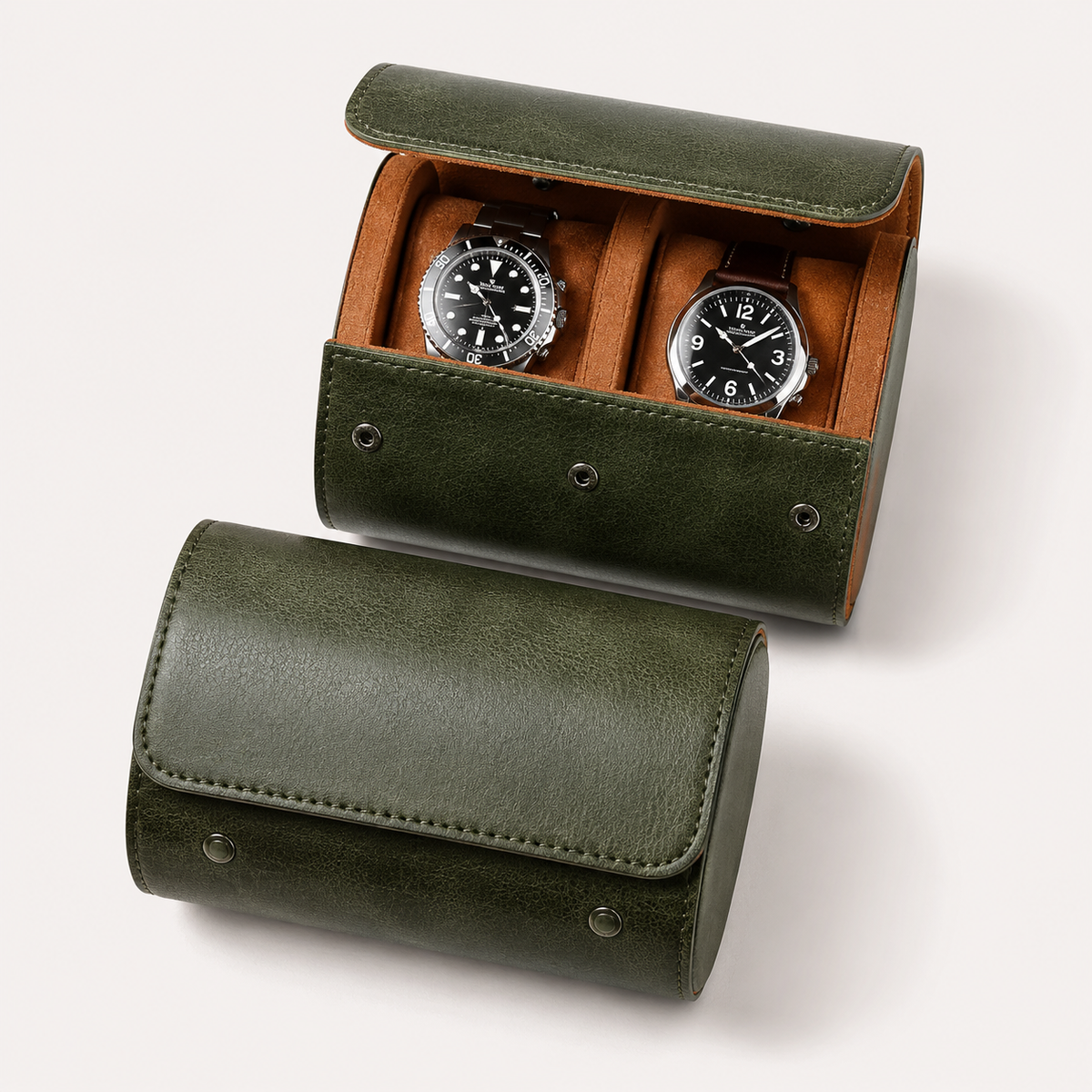 Premium Leather Watch Travel Case 2 Slots – Green Portable Watch Roll for Storage & Display