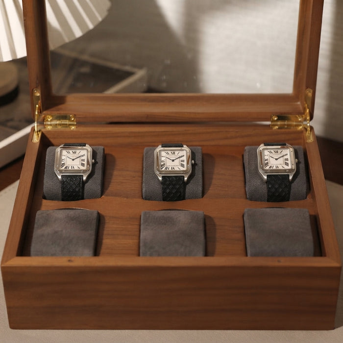 6-Slot Wood Watch Box, Glass Lid, Multi-Grid Watch & Bracelet Organizer