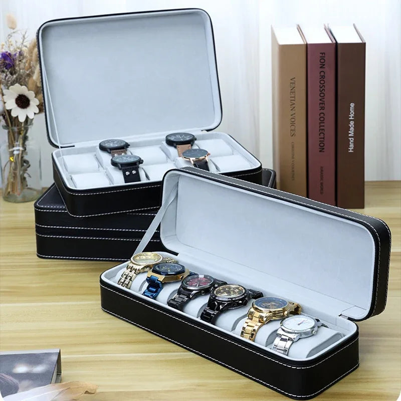 6-Slot Watch Box US Black Leather Zippered Case