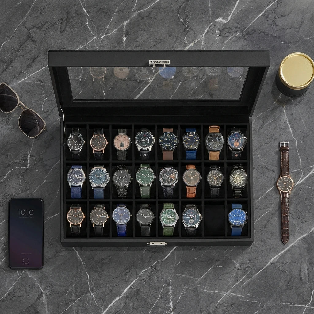24-Slot Watch Box US Black Leather Glass Lid