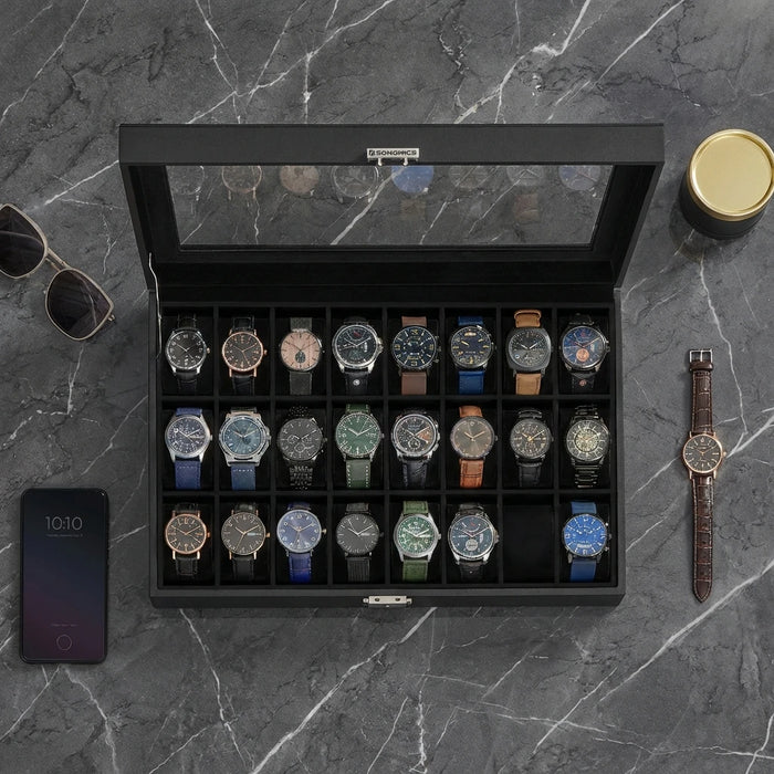 24-Slot Watch Box US Black Leather Glass Lid