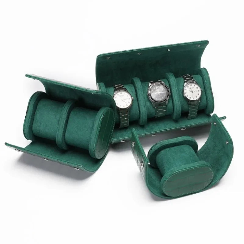 Watch Roll Travel Case - Multi-Slot Green Leather Timepiece Organizer