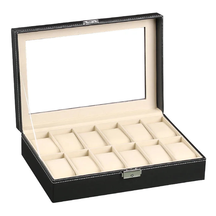 12-Slot Black Leather Watch Box, Glass Lid, Single-Tier with Cream Velvet Lining