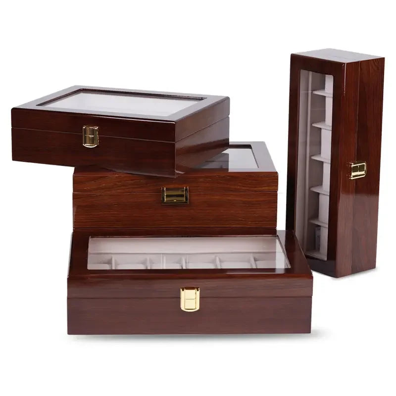 Multi-Slot Wood Watch Box, Glass Lid, Chinese-Style Design (2 or 12 Slots)