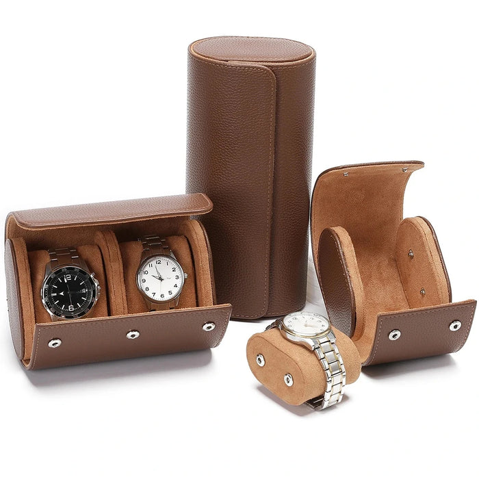 Multi Slot Watch Roll - Brown Leather Travel Case for Timepieces