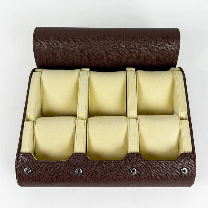 6 Slot Watch Roll - Brown Leather Timepiece Travel Organizer
