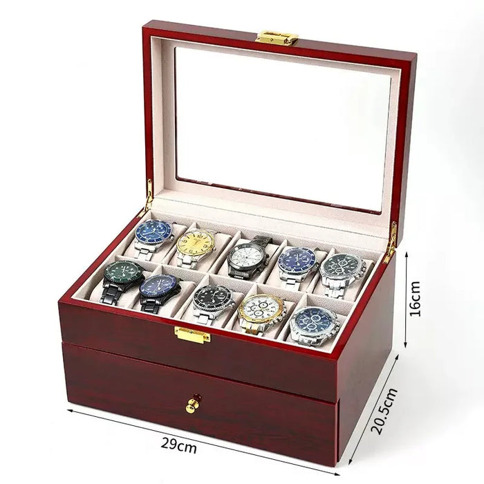 16-Slot Watch Box US Mahogany Wood Glass Lid