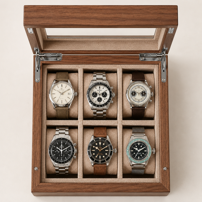 Premium Wooden Watch Case with Glass Display – 6 Slot Wood Watch Box for Men & Women