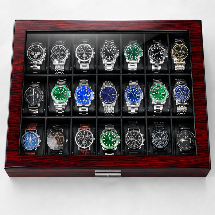21-Slot Watch Box US Mahogany Wood Glass Lid