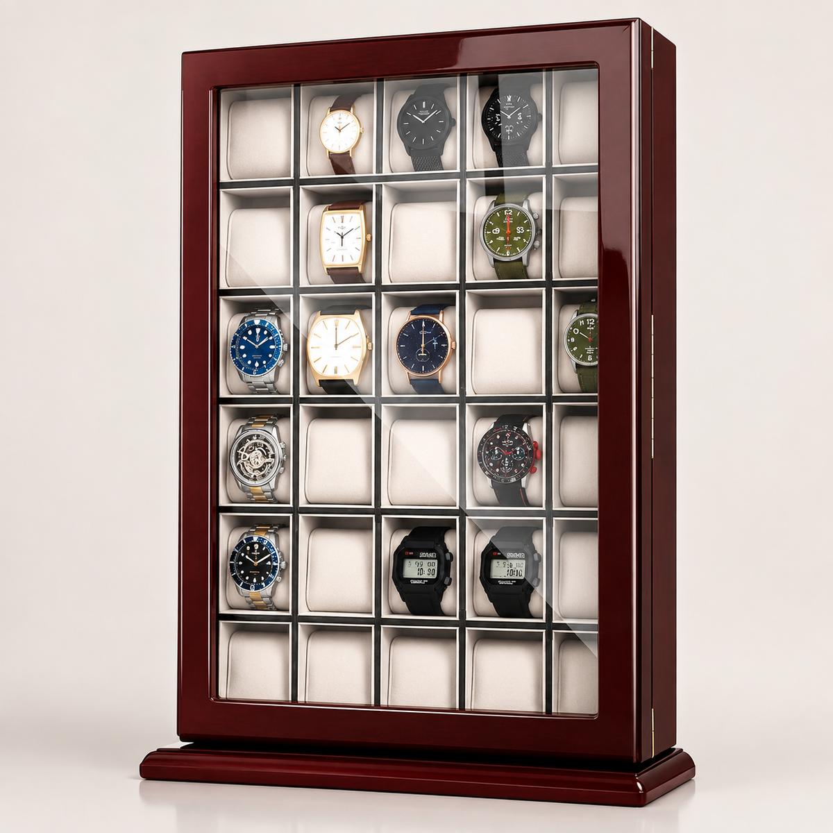 30-Slot Watch Box US Mahogany Wood Glass Door
