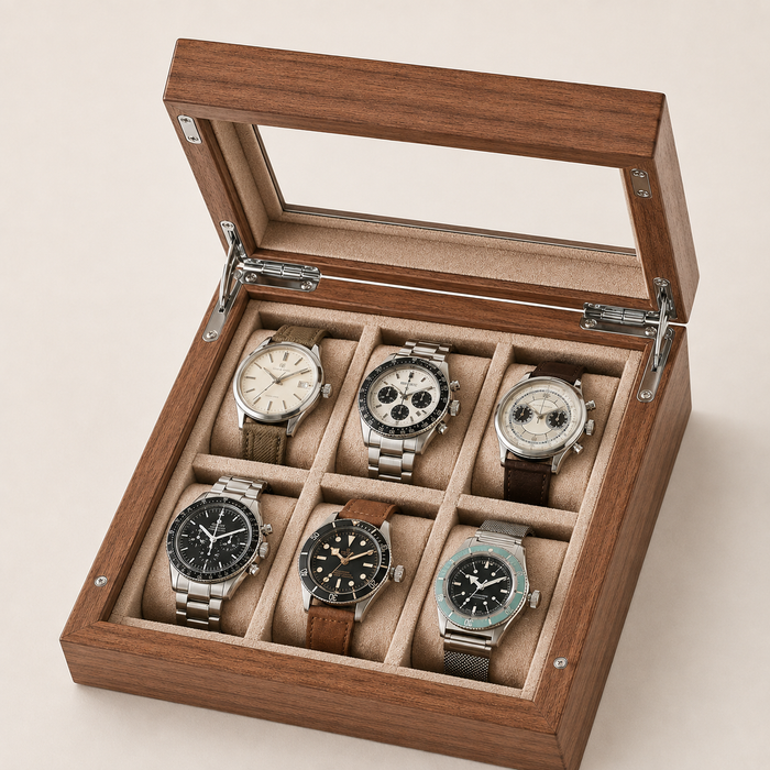 Premium Wooden Watch Case with Glass Display – 6 Slot Wood Watch Box for Men & Women