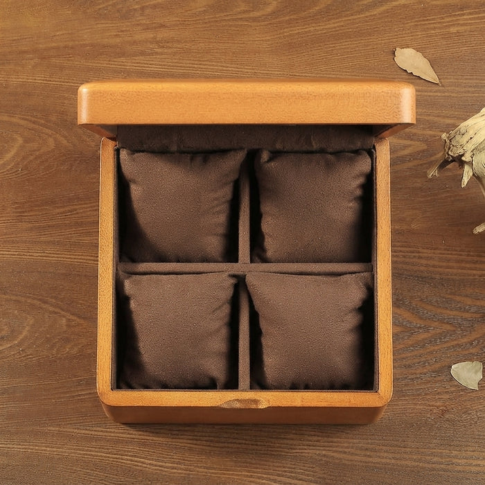 Watch Box Premium 4-Slot Wooden Watch Storage Case – Luxury Quad Timepiece Organizer with Soft Brown Velvet Pillows