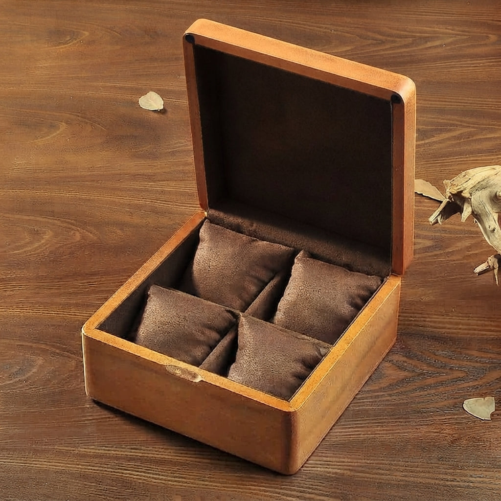 Watch Box Premium 4-Slot Wooden Watch Storage Case – Luxury Quad Timepiece Organizer with Soft Brown Velvet Pillows