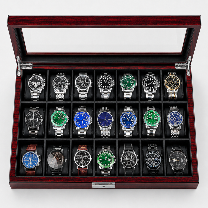 21-Slot Watch Box US Mahogany Wood Glass Lid