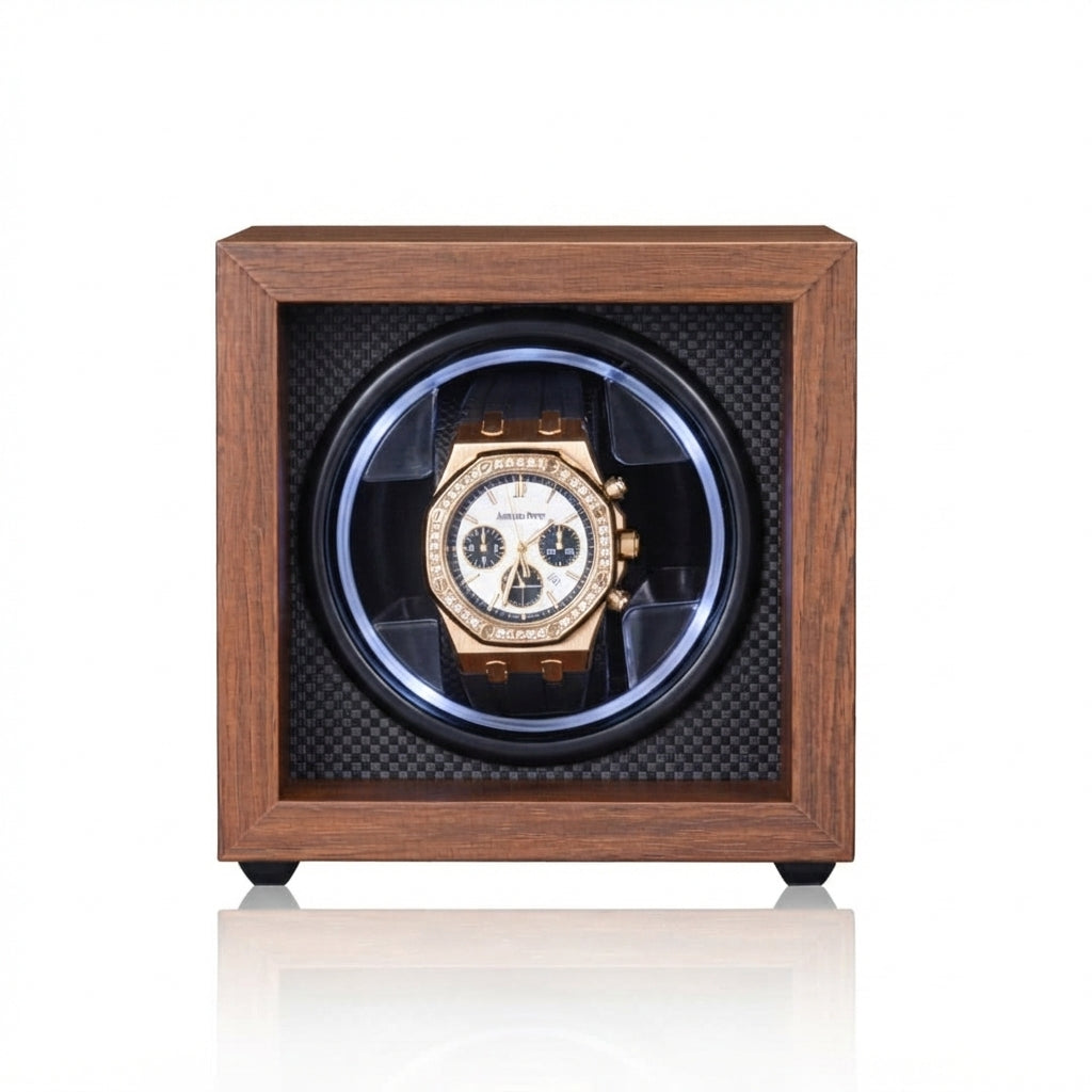 1-Slot Automatic Watch Winder, Walnut Wood, Open-Face Frame with Flexible Pillow