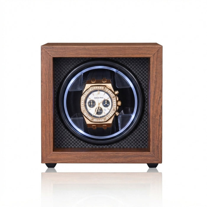 1-Slot Automatic Watch Winder, Walnut Wood, Open-Face Frame with Flexible Pillow