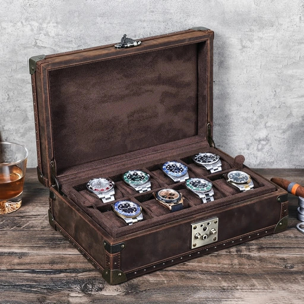 10-Slot Watch Box US Brown Leather Vintage Trunk