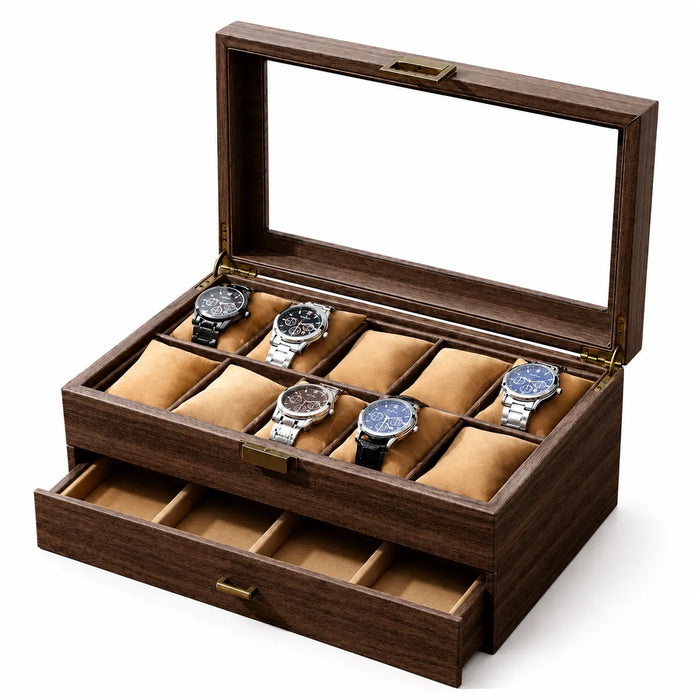 10-Slot Watch Box US Walnut Wood Glass Lid Drawer