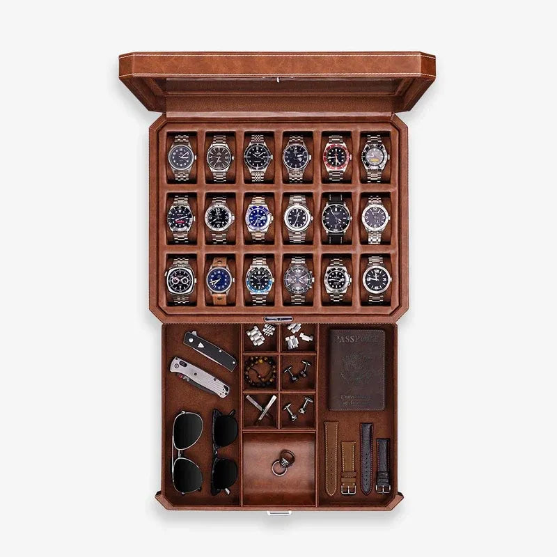 18-Slot Watch Box US Brown Leather Glass Lid Drawer