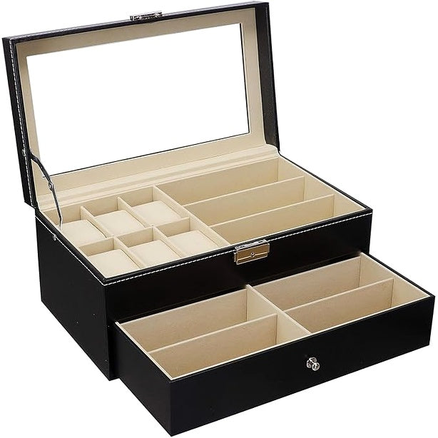 Premium Leather Watch and Sunglasses Organizer – Lockable Jewelry Display Drawer Case