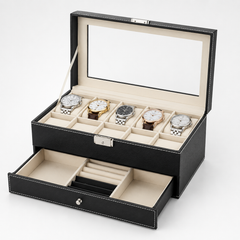 10-Slot Watch Box US Black Leather Glass Lid Drawer