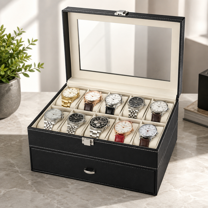 10-Slot Watch Box US Black Leather Glass Lid Drawer