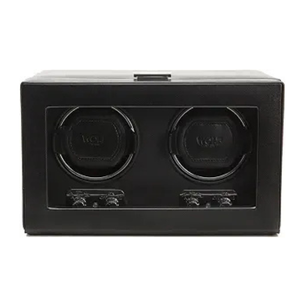 2-Slot Automatic Watch Winder Watch Box US Black Leather Glass Lid