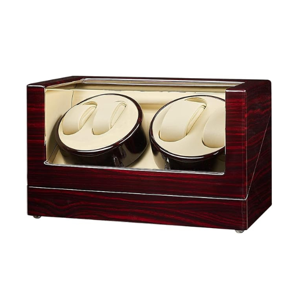 4-Slot Automatic Watch Winder Watch Box US Cherry Wood Glass Lid