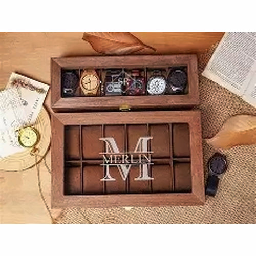 12 slot personalized wooden watch box with glass lid