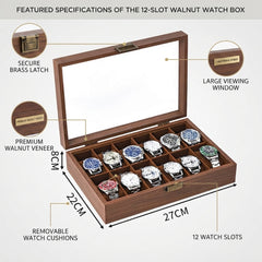 12-Slot Watch Box/Case US Walnut Wood Glass Lid