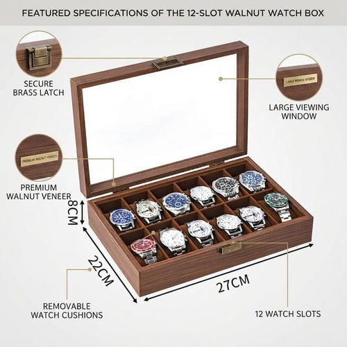 12-Slot Watch Box/Case US Walnut Wood Glass Lid