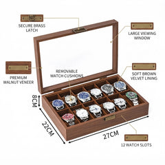12-Slot Watch Box/Case US Walnut Wood Glass Lid
