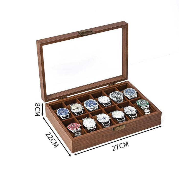 12-Slot Watch Box/Case US Walnut Wood Glass Lid